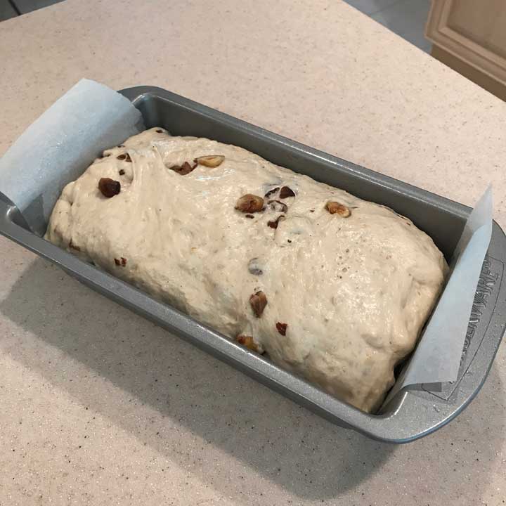 Dough in loaf pan for Hazelnut Bread