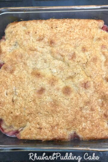 Rhubarb Cake baked in an 8-inch square pan.