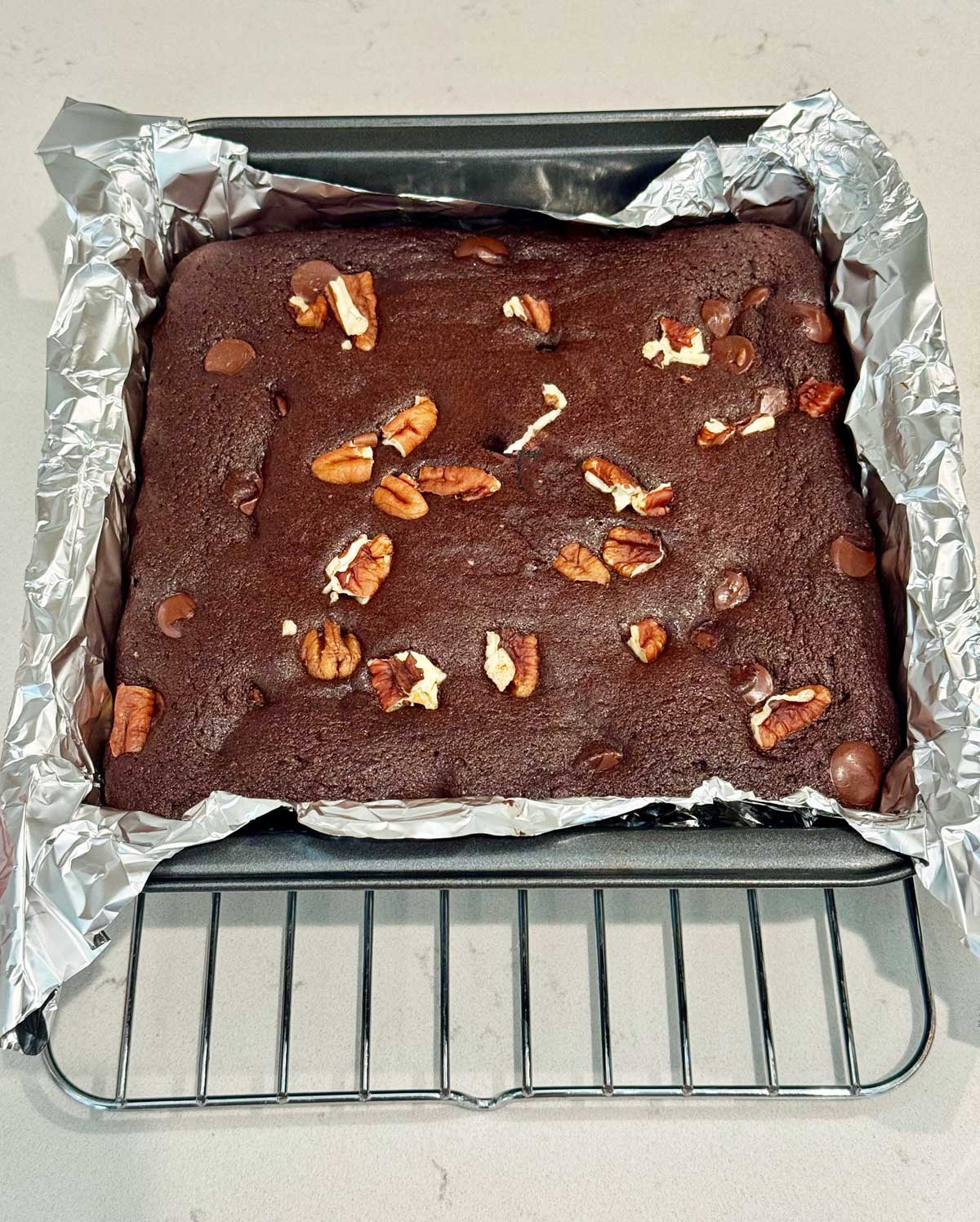 8-inch square pan version of keto brownies made with allulose