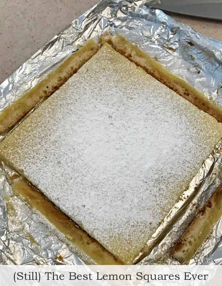Best Lemon Squares Ever baked in an 8 inch square pan.