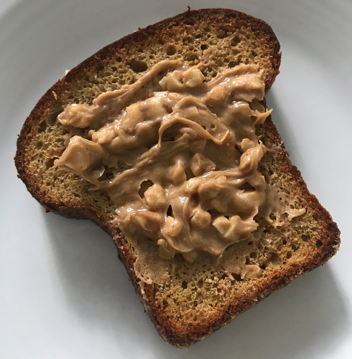 Toast with peanut butter made with a low carb bread recipe.