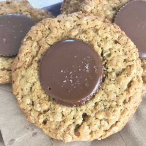 Small Batch Reese's Thins Peanut Butter Cookies topped with sea salt.