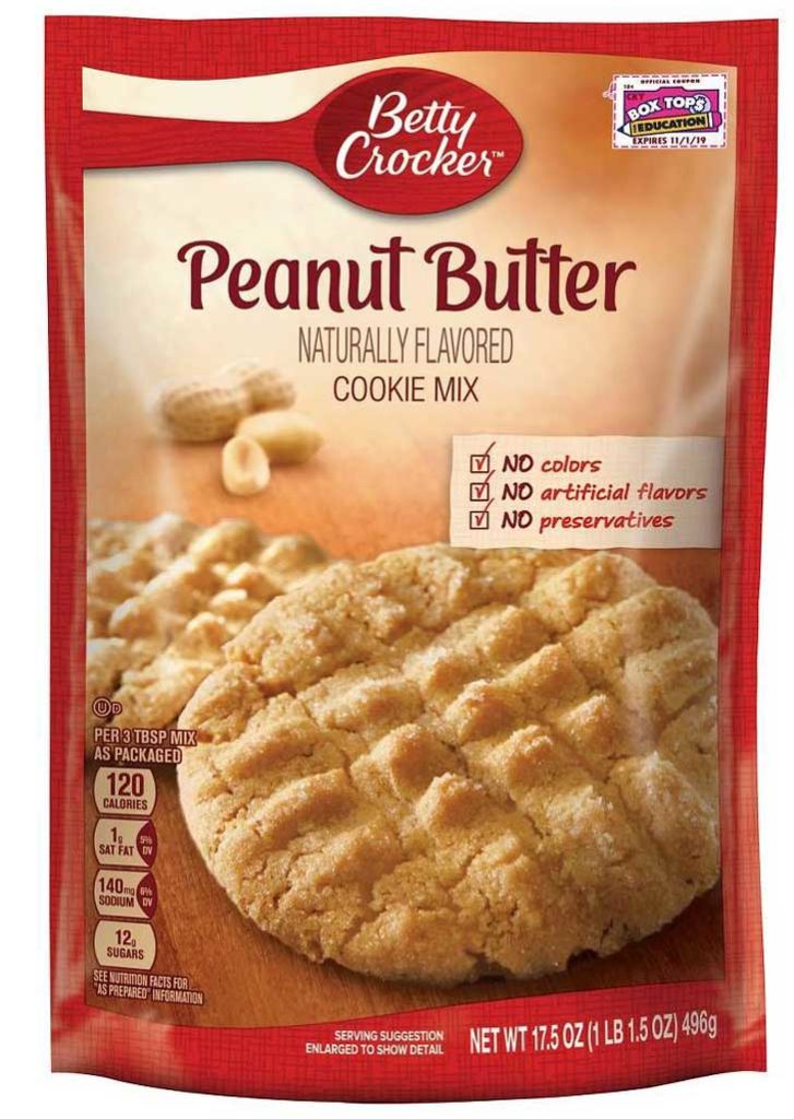 Cookie Mix Double Peanut Butter Cookies recipe featuring a bag of Betty Crocker peanut butter flavored cookie mix.