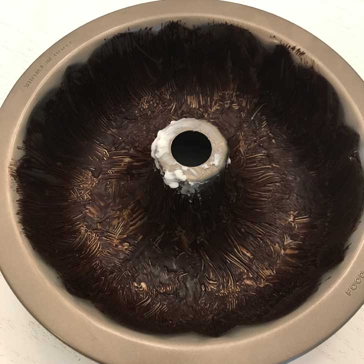 Chocolate Bundt Cake pan greased and coated with cocoa powder.