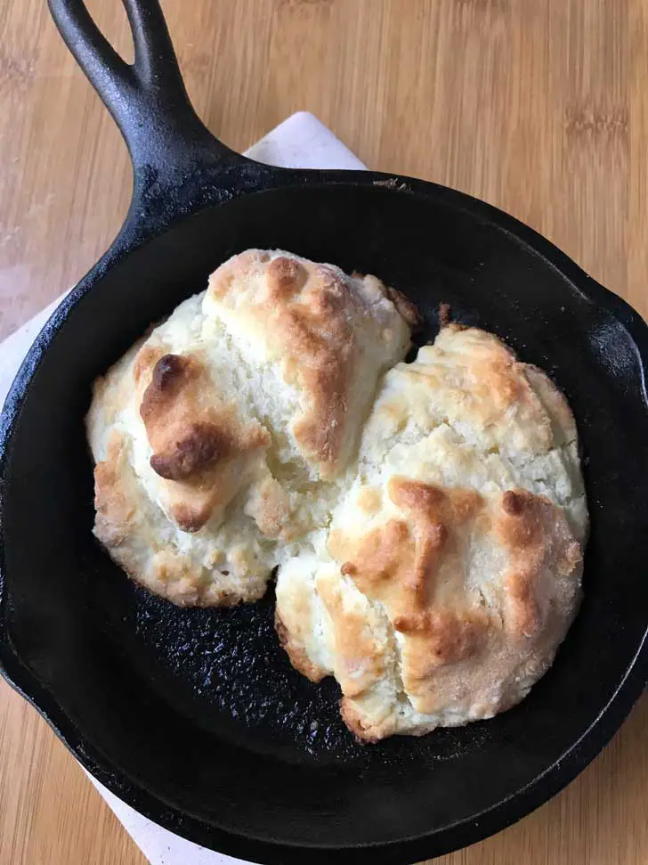 Cathead or Self-Rising Flour Biscuits for Two baked in a 6.5 inch Lodge cast iron skillet