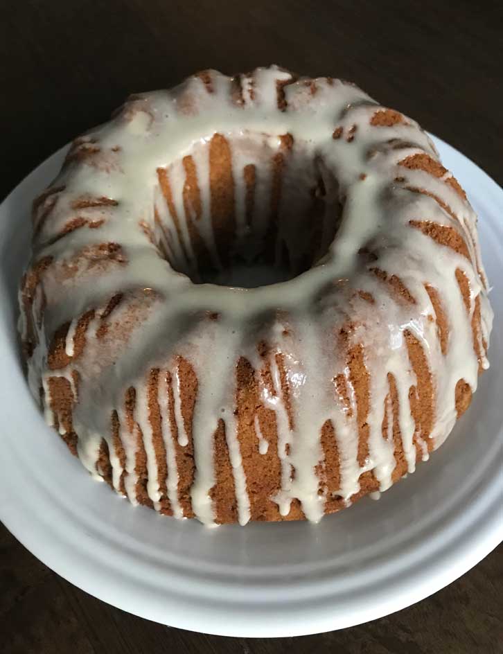 White Chocolate Ribbon Pumpkin Cake with Maple Glaze. This is a Bundt cake