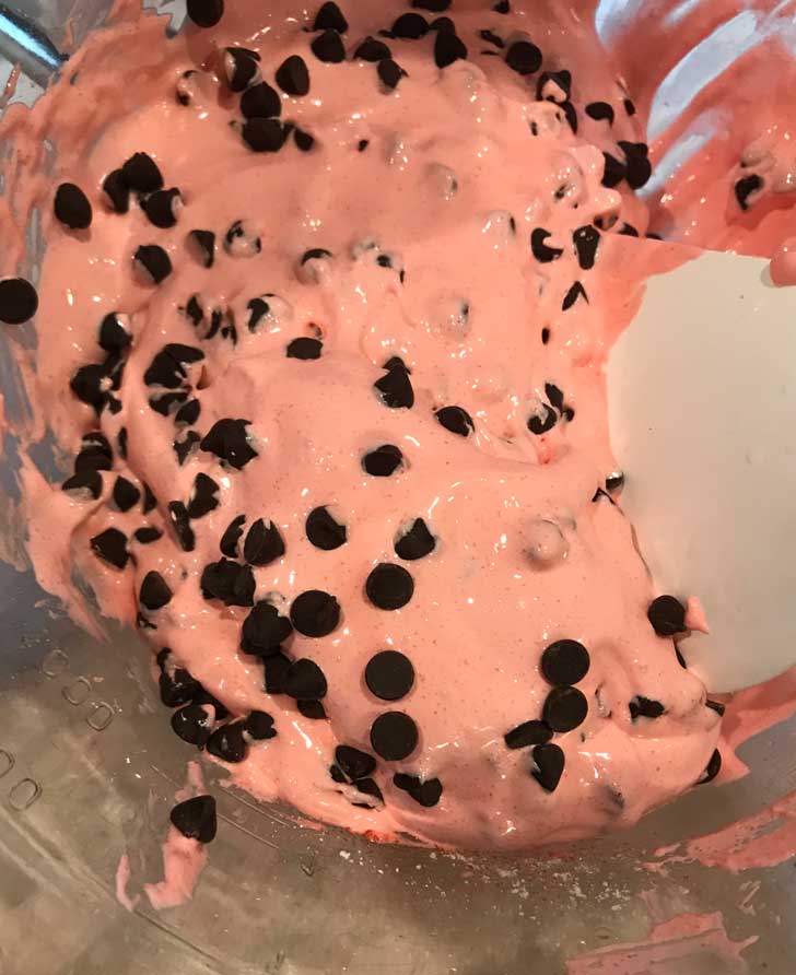 Raspberry Meringue Batter with color from flavored gelatin.