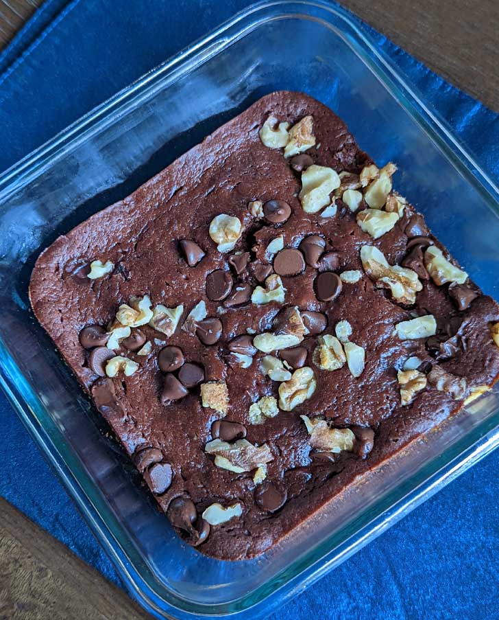 Small batch Greek Yogurt Brownies with Self-Rising Flour baked in a 4 cup capacity Pyrex dish.
