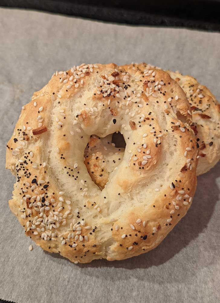 Two Ingredient Bagels made with Greek yogurt and self-rising flour.