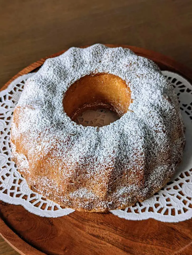 Peach Pound Cake in a Bundt pan with peach flavored Jell-O.