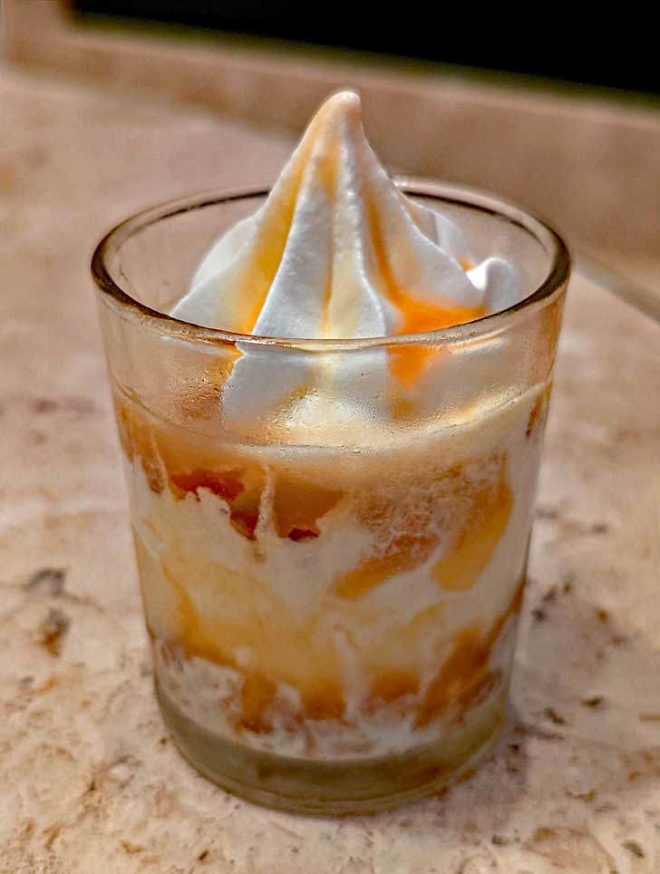 Blue Bell Ice Cream, Caramel Sauce, Scotch Dessert served in a shot glass.