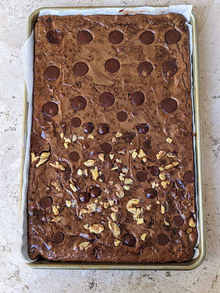 Large Batch of 15x10 Inch Pan Brownies made with dark brown sugar and Guittard chocolate disks.