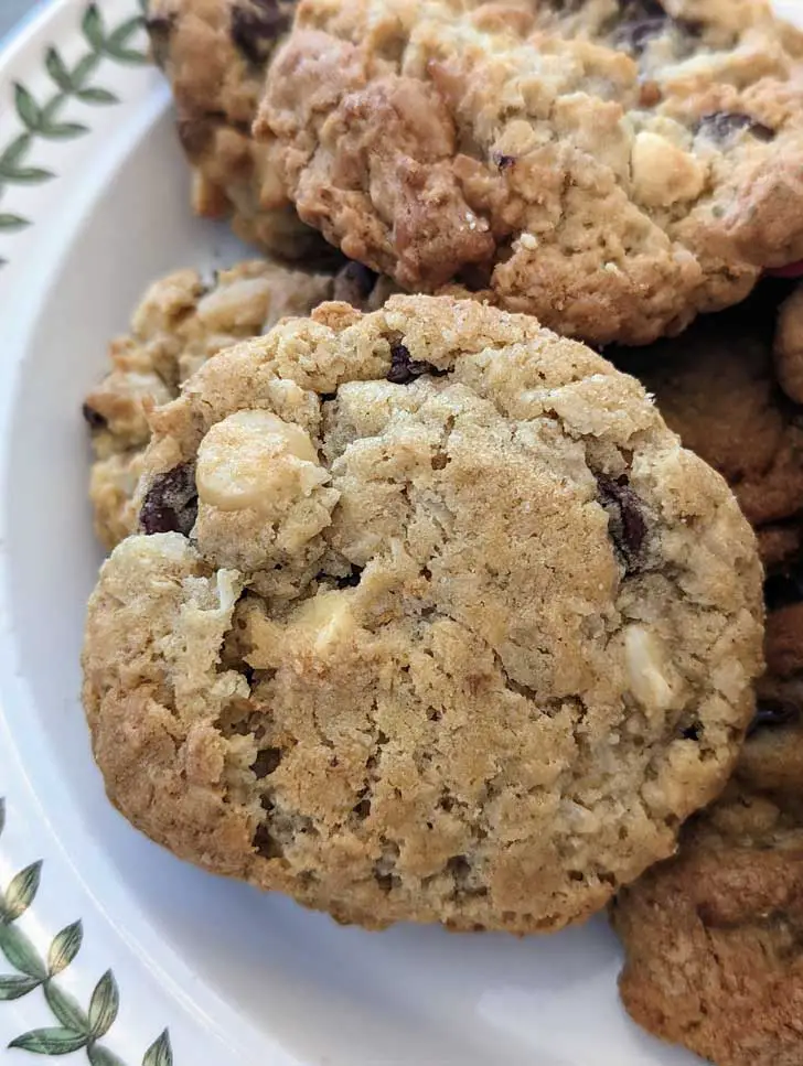 Oatmeal Coconut Chocolate Chip and M&Ms Cookies on a plate.