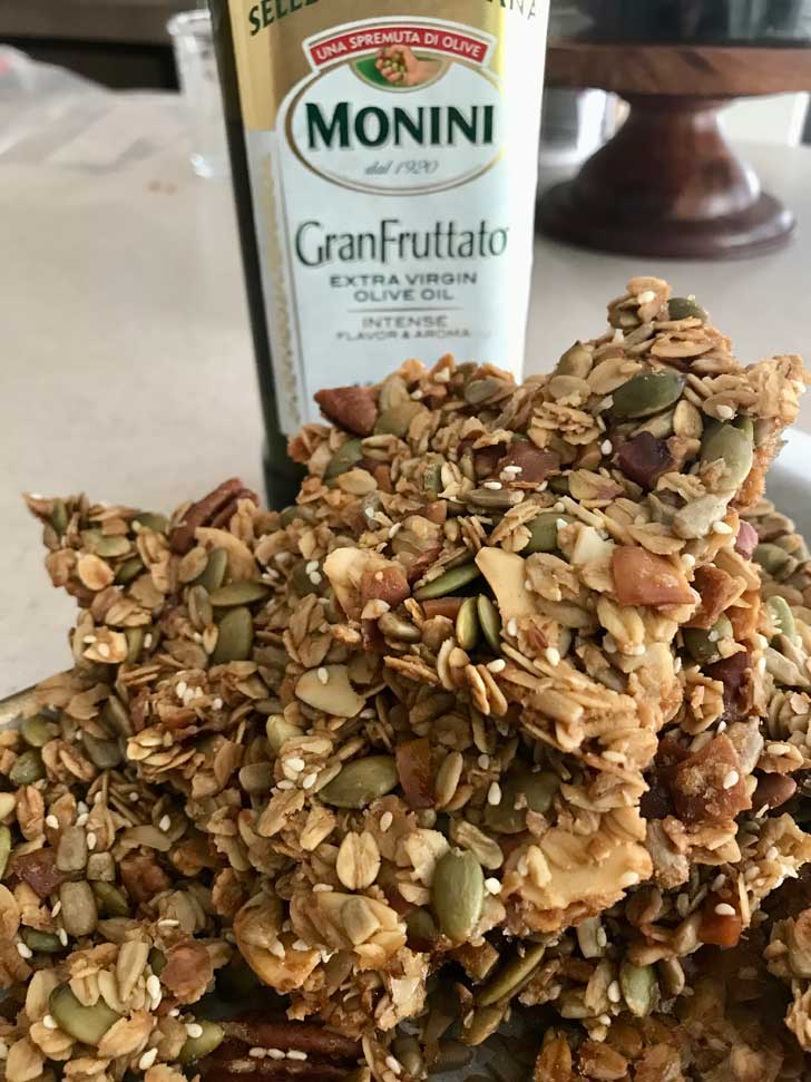 Olive Oil Granola Bark made with Monini olive oil.