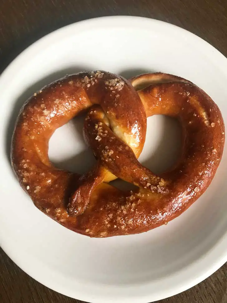 shiny pretzels made with milk and brushed with egg yolk.