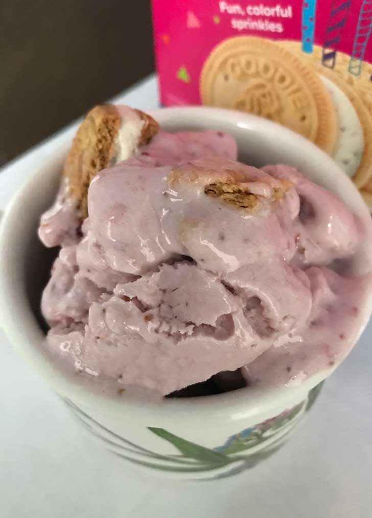 Roasted Strawberry Birthday Cake Cookies and Cream coconut milk ice cream in a dish.