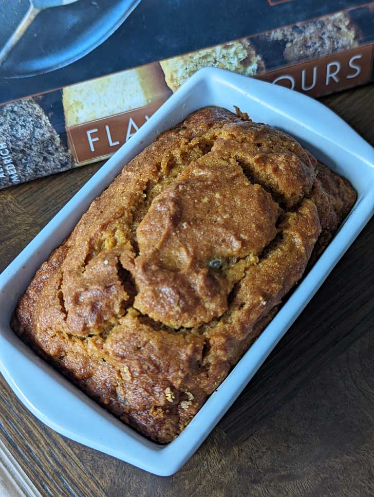 Small ceramic loaf pan with gluten-free buckwheat Spicy Pumpkin Loaf