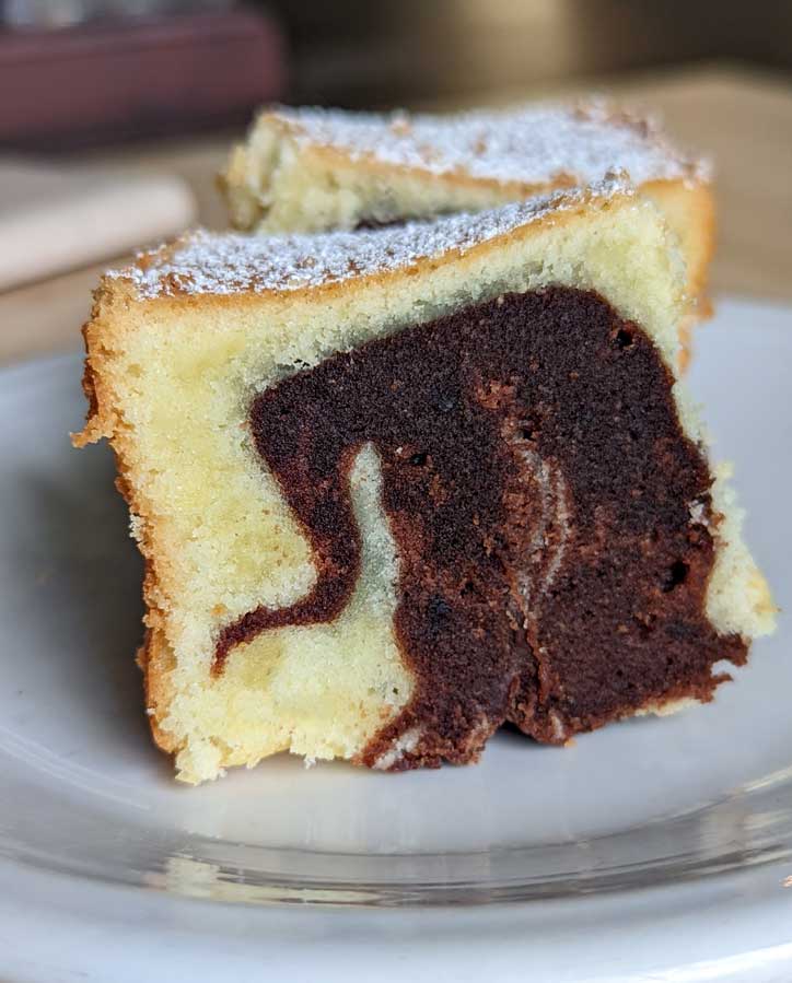 Loaf Pan Marble Cake baked in a small tube pan.