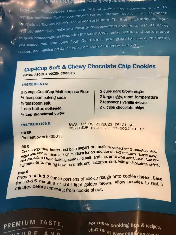 Gluten-Free Cup4Cup Chocolate Chip Cookies recipe from the back of the bag.