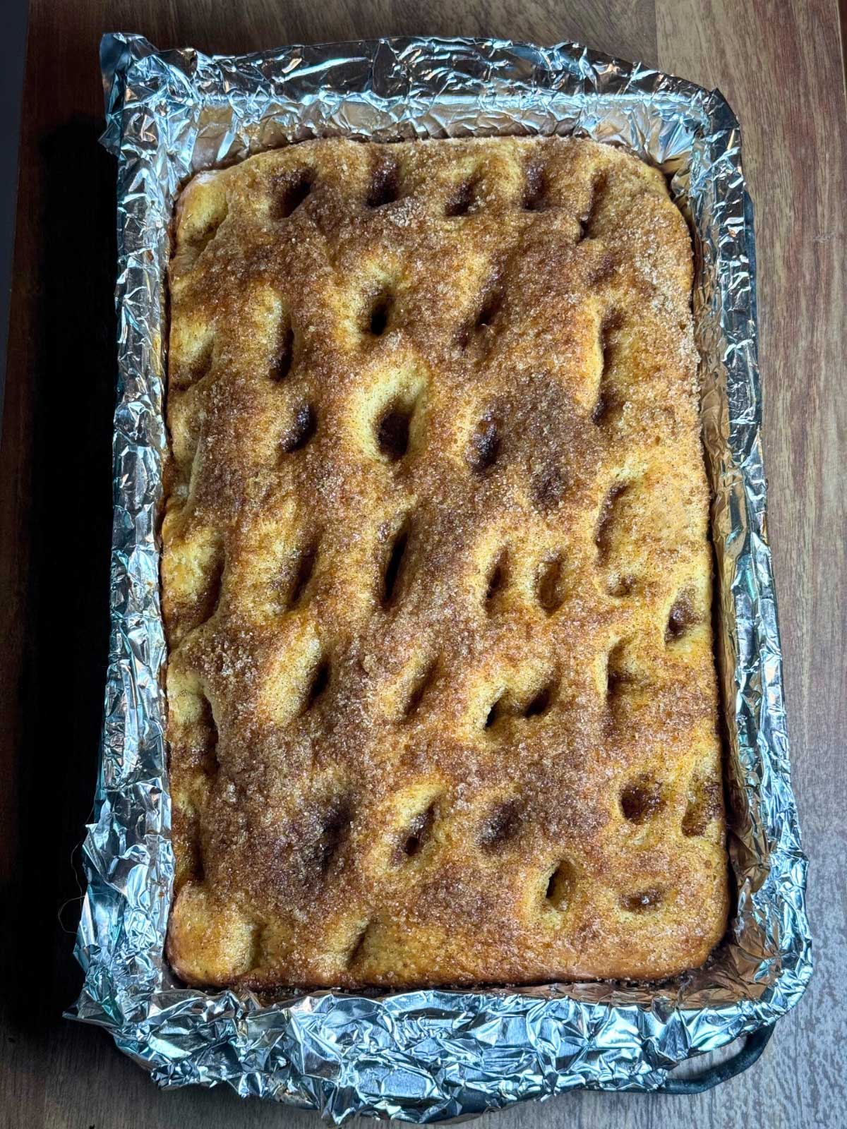 Moravian Sugar Cake recipe baked in a 7x11 inch pan.