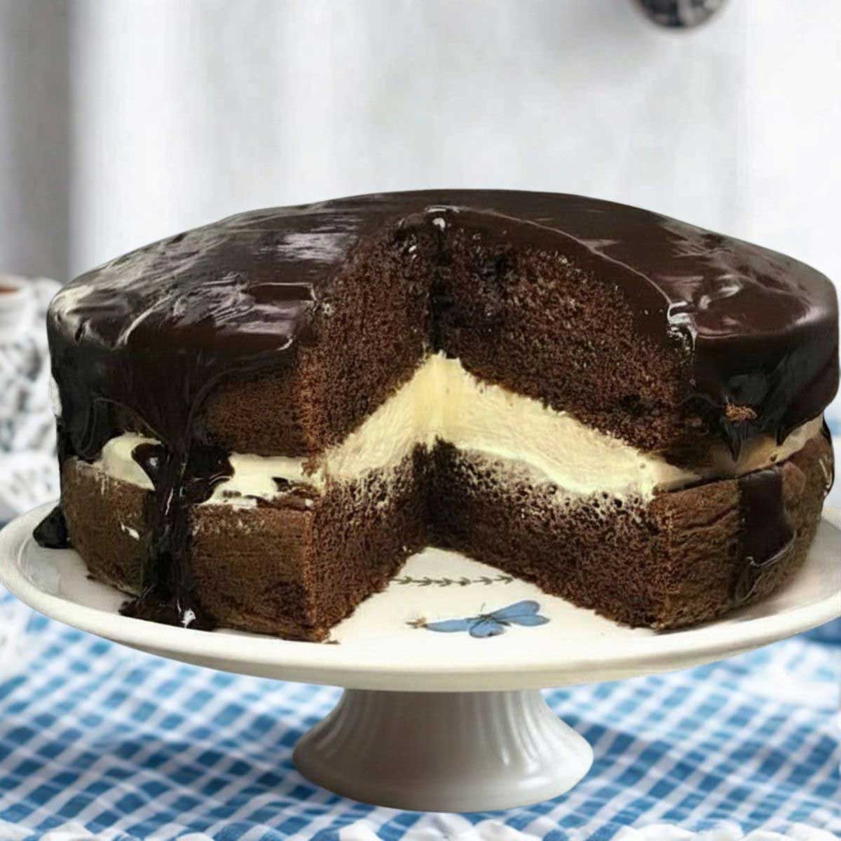 Luby's inspired Boston Cream Pie made with chocolate cake mix and a pudding mix Bavarian cream filling.