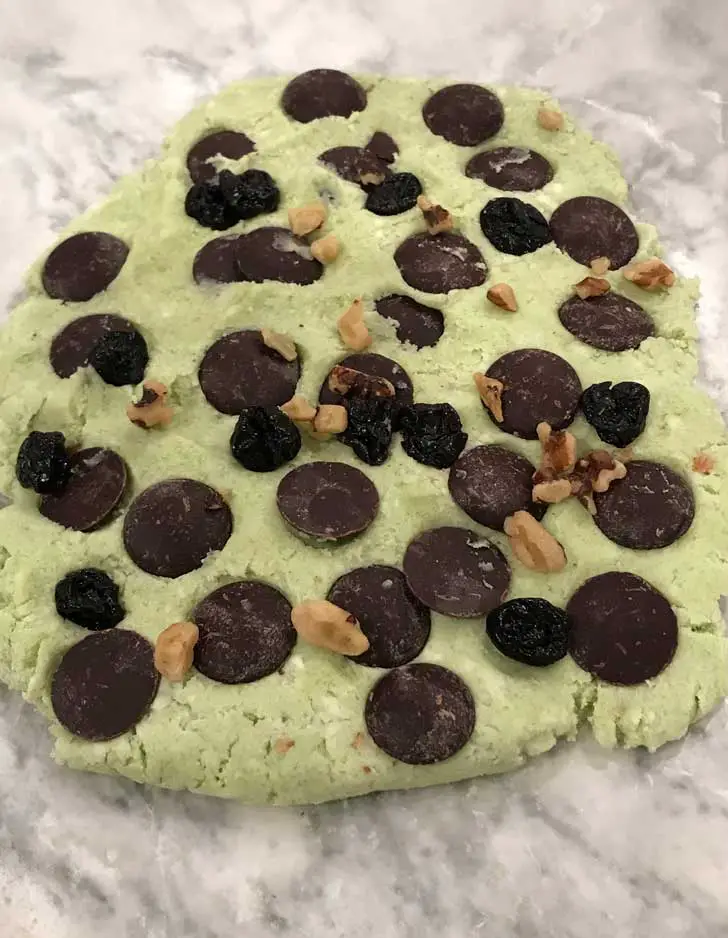Green scone dough for St. Patrick's Day Pistachio Pudding Mix Scones dough pressed down.