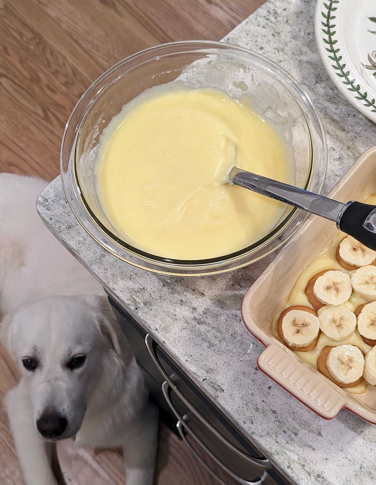Richard Sax's Banana Cream Pudding being layered with Nilla Wafers