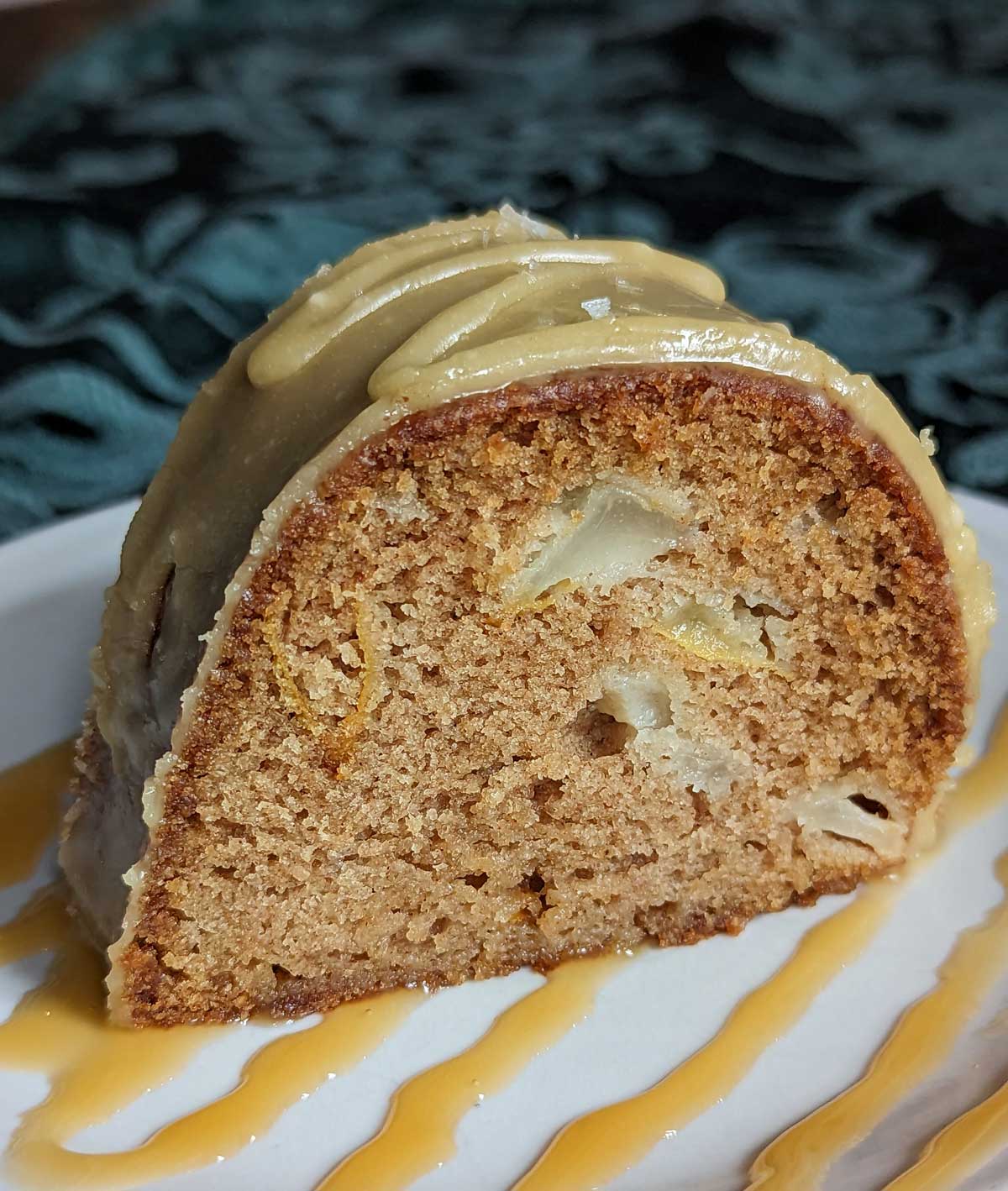 Spiced Pear Bundt Cake with Caramel Icing Slice