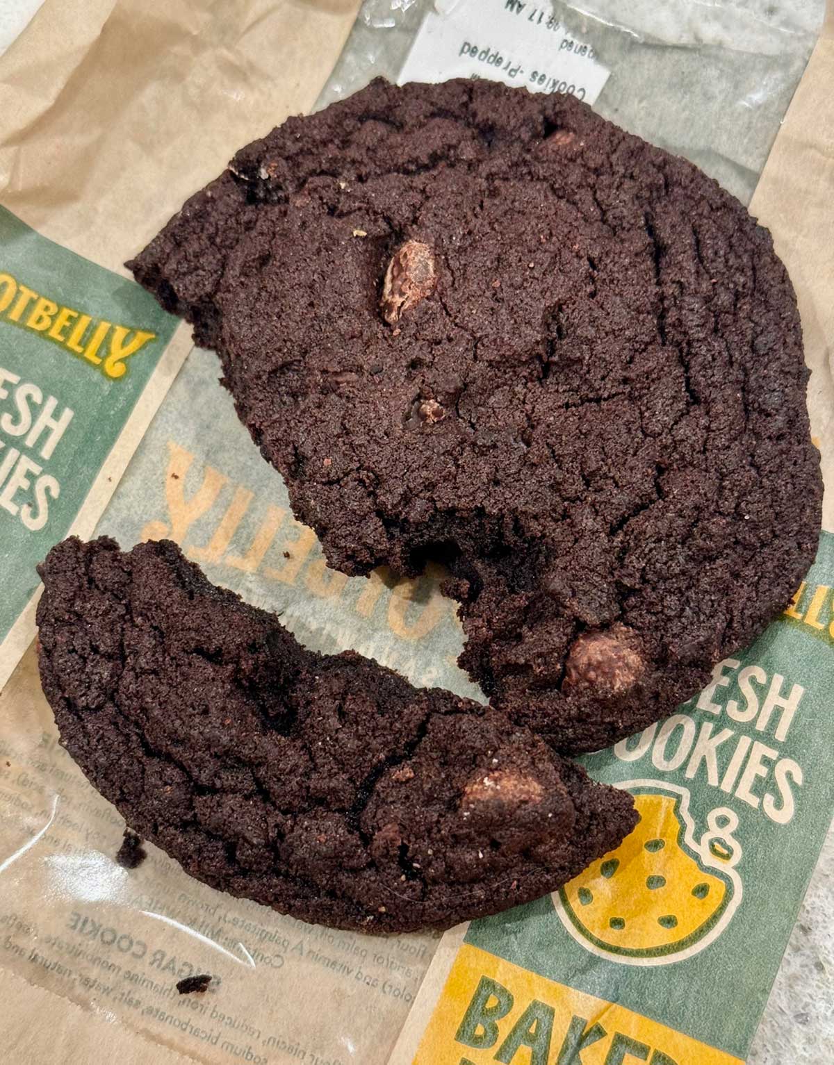 A big soft chocolate brownie cookie from Potbelly