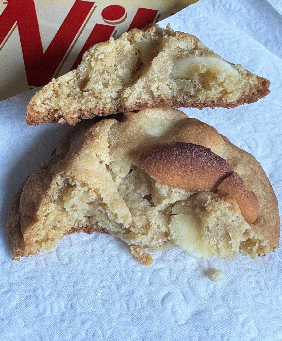 Broken banana pudding cookie showing texture