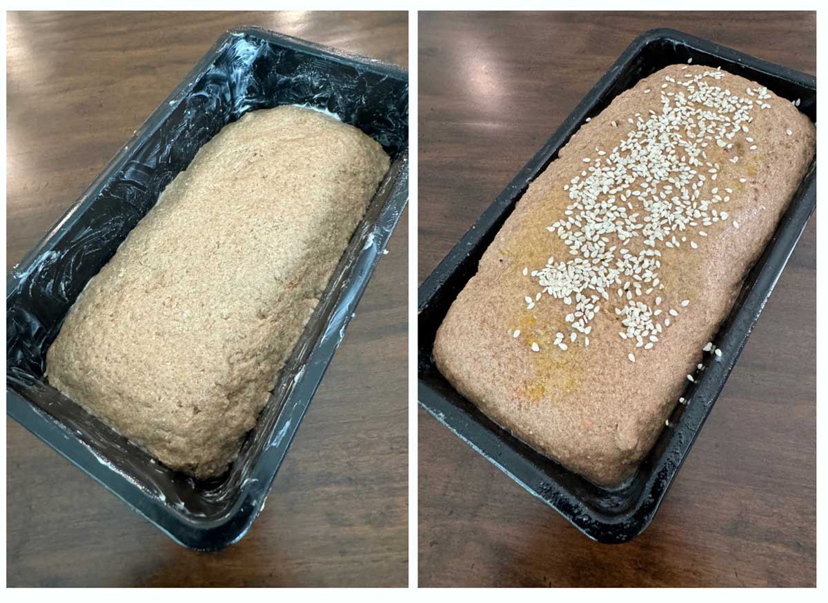 Gluten-Free Whole Grain Bread rising in an 8 ½ by 4 ½ inch loaf pan.