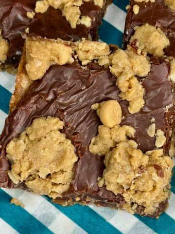 Peanut Butter Fudge Jumbles recipe baked in a 9-inch square Pampered Chef stoneware pan.