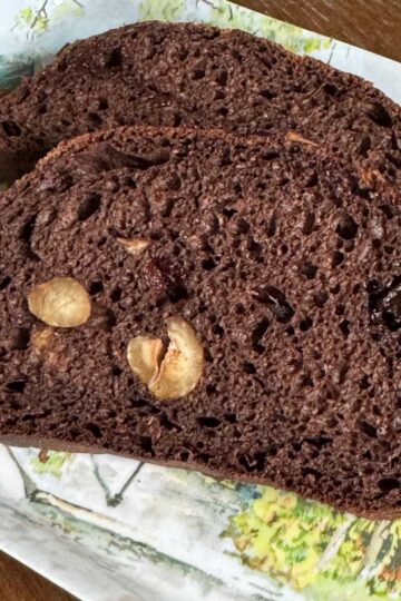 Chocolate Cherry Buckwheat Bread with dried cherries and hazelnuts.