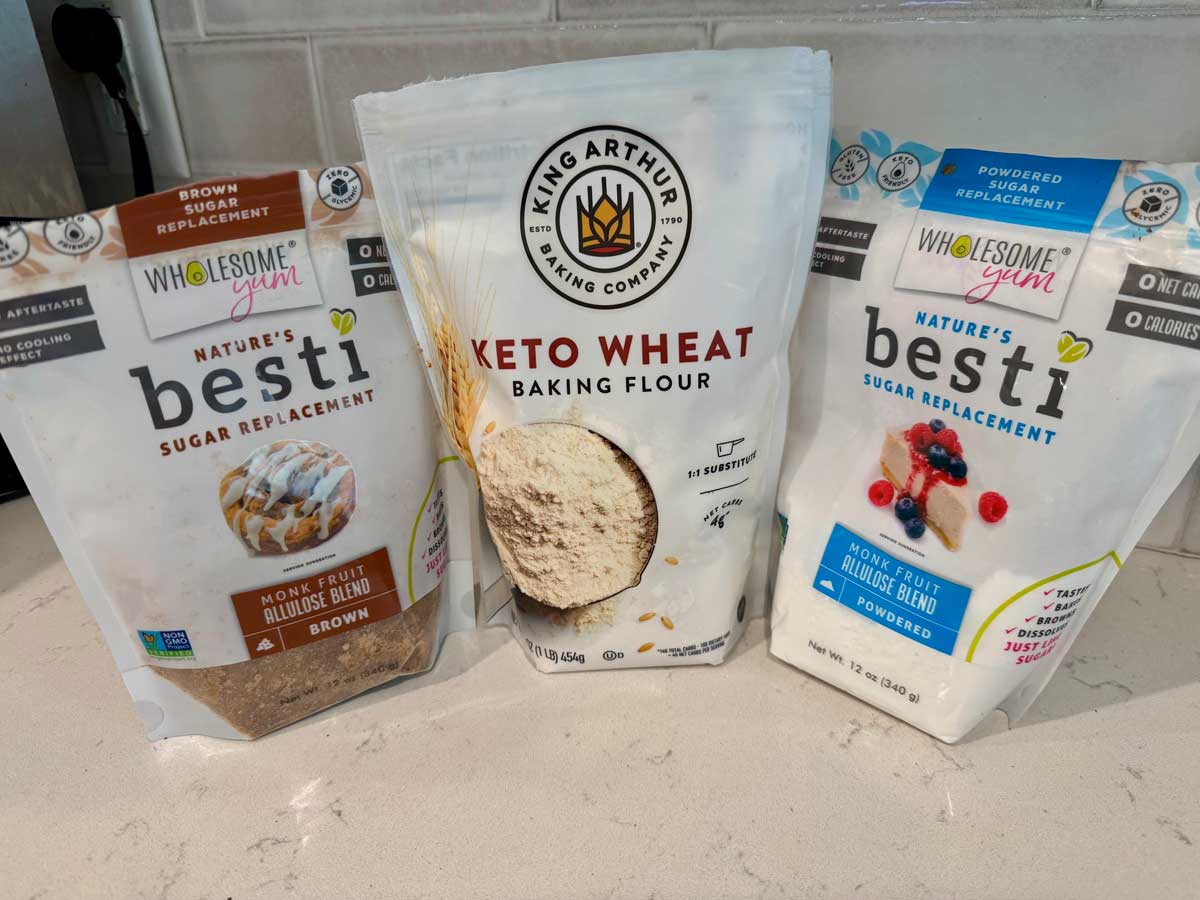 Low sugar and high fiber baking ingredients including Wholesome Yum Besti and Keto King Arthur flour