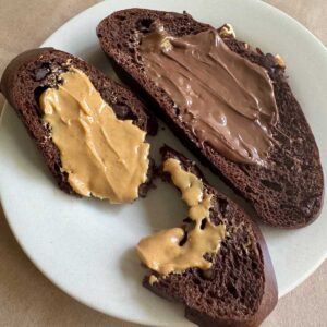 Low Carb Chocolate Bread spread with peanut butter and Nutella