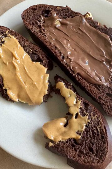 Low Carb Chocolate Bread spread with peanut butter and Nutella