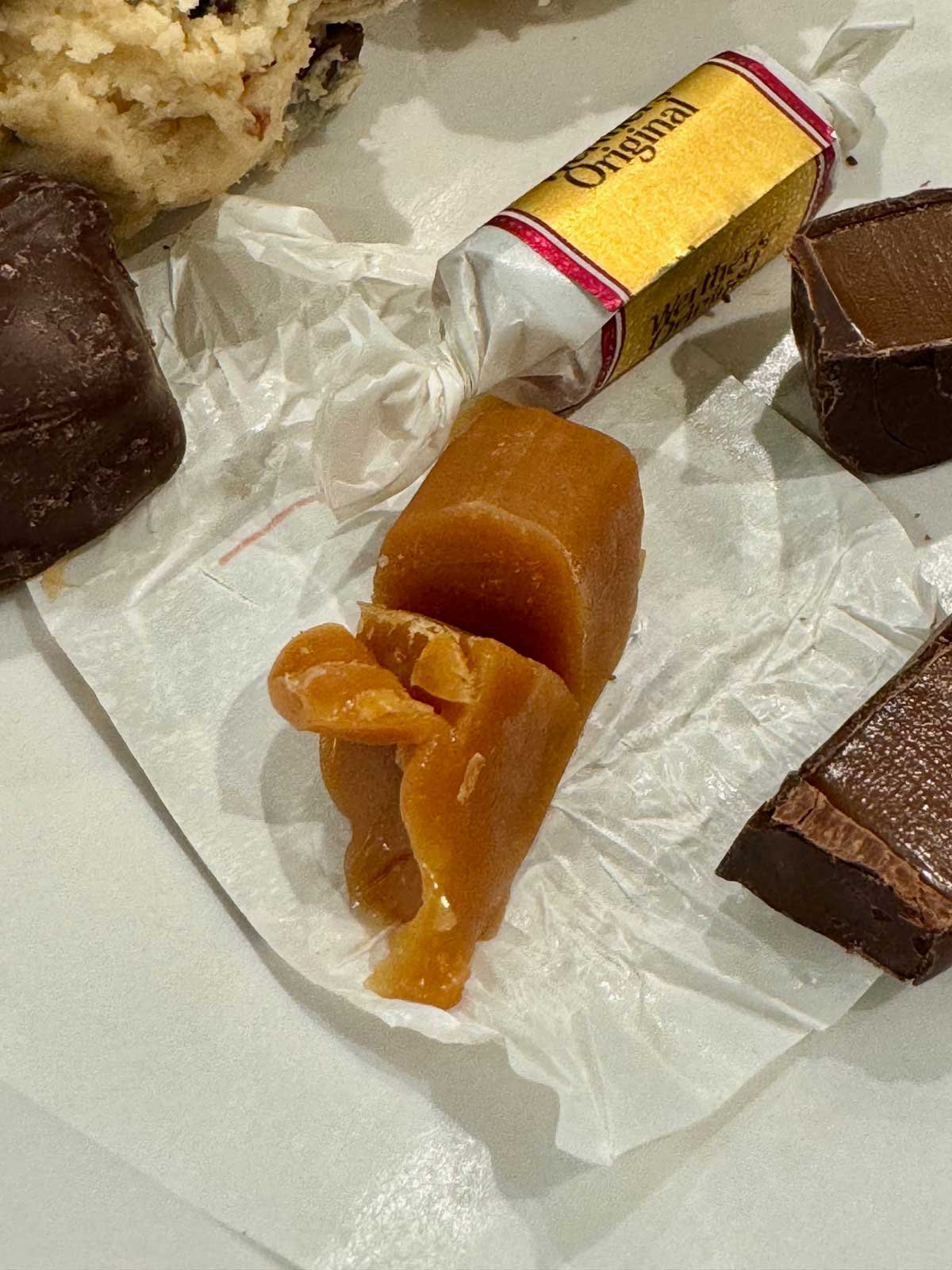 Werther's Soft Caramel unwrapped to show texture.