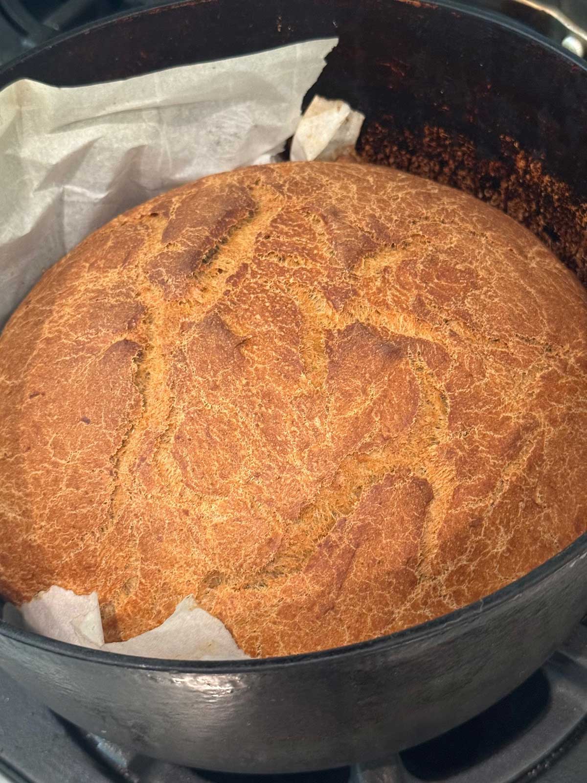 Franciscan style brown bread baked in a Dutch oven