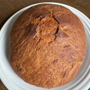 Franciscan Brown Bread recipe baked in a Dutch oven.