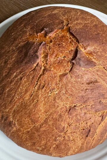 Franciscan Brown Bread recipe baked in a Dutch oven.