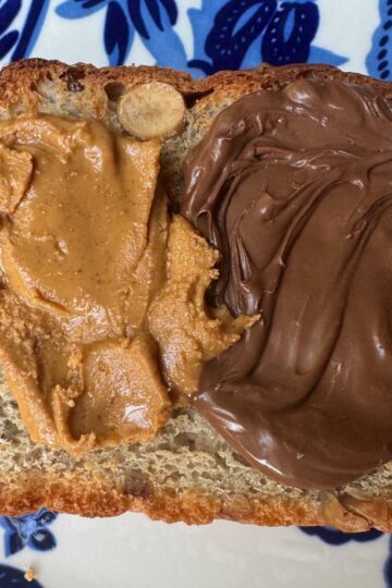 Hazelnut Bread toasted and spread with peanut butter and Nutella