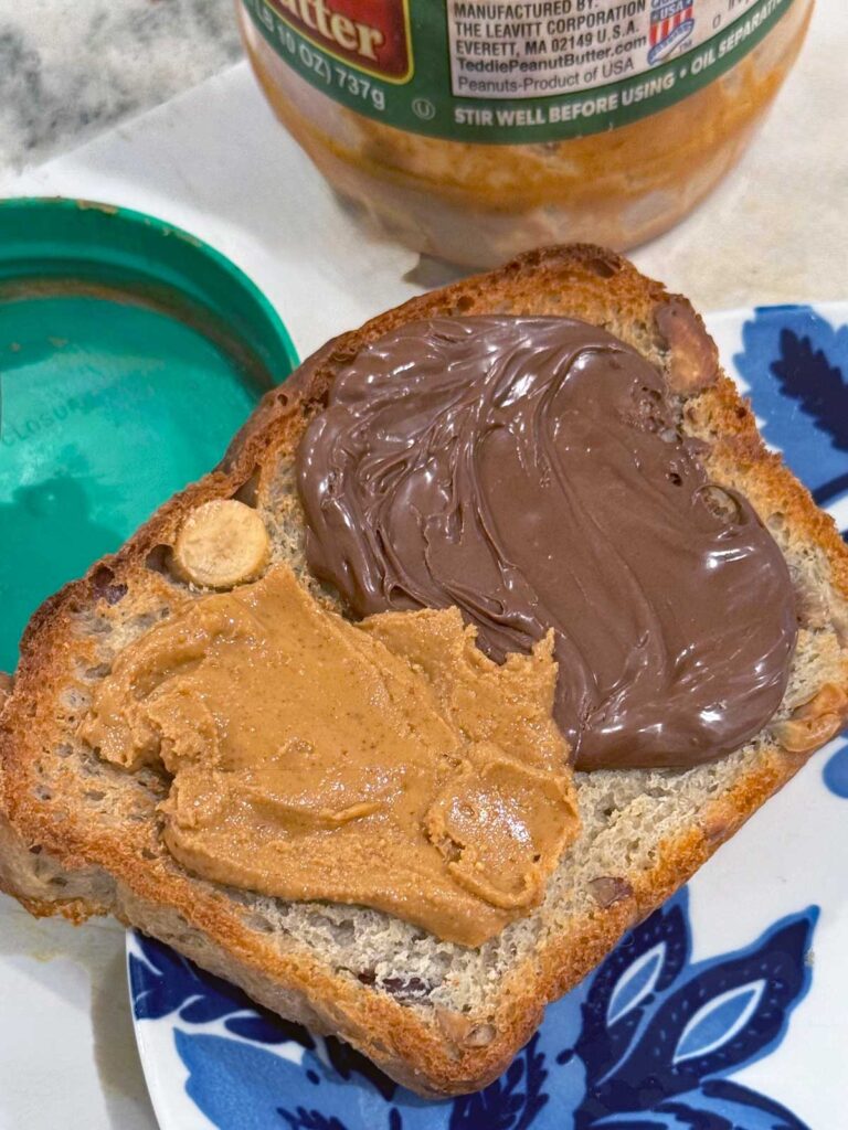 Hazelnut Bread toasted and spread with peanut butter and Nutella