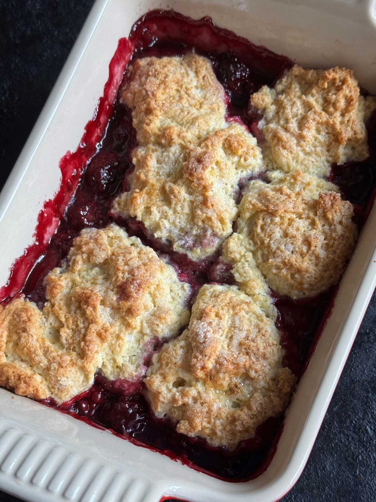 Quick Blackberry Cobbler recipe with a drop biscuit topping.