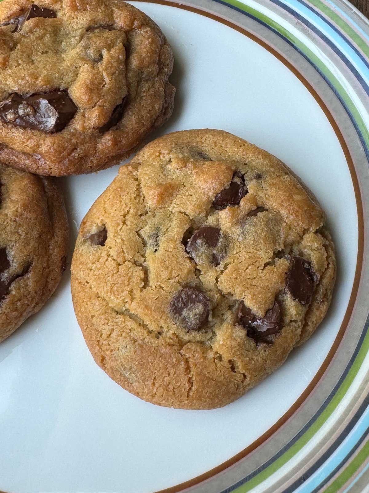 An Otis Spunkmeyer style cookie made with homemade cookie dough that's 50% shortening and 50% plant butter.