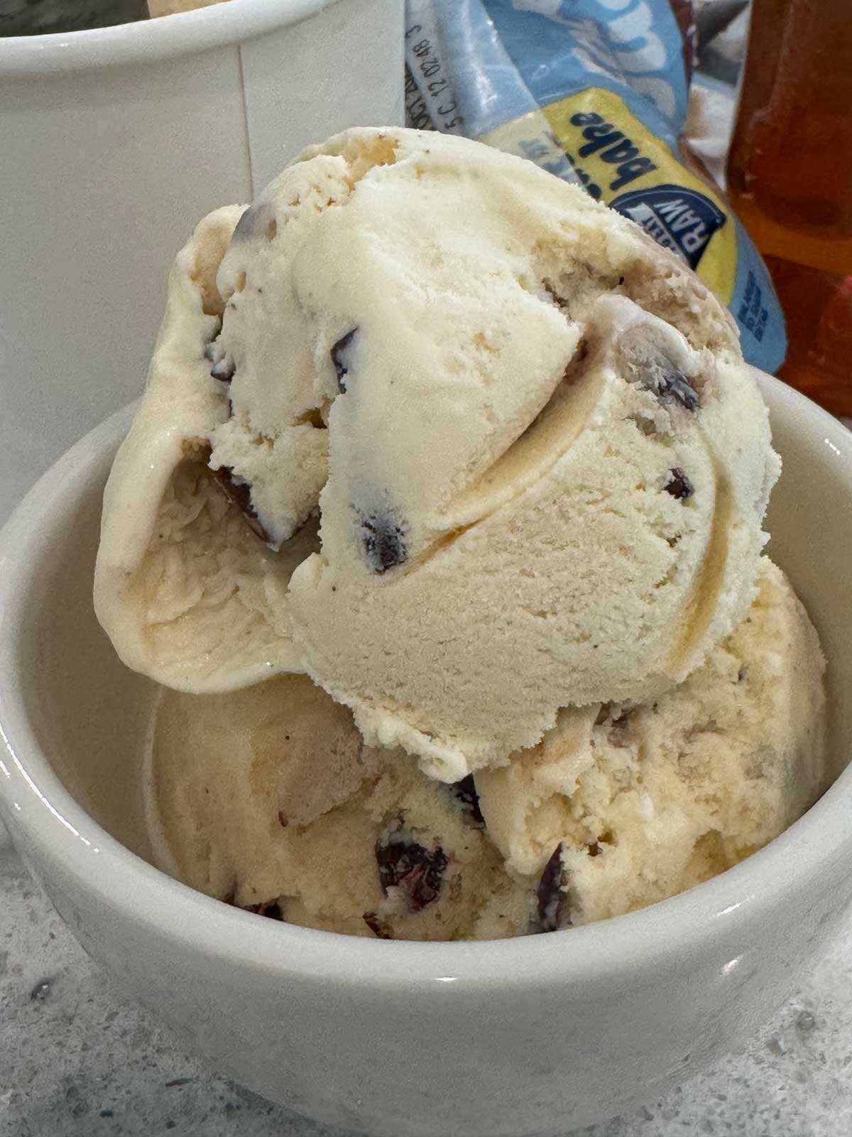 Golden vanilla cookie dough ice cream with brown sugar, white sugar and butter extract in the base as well as Pillsbury cookie dough.