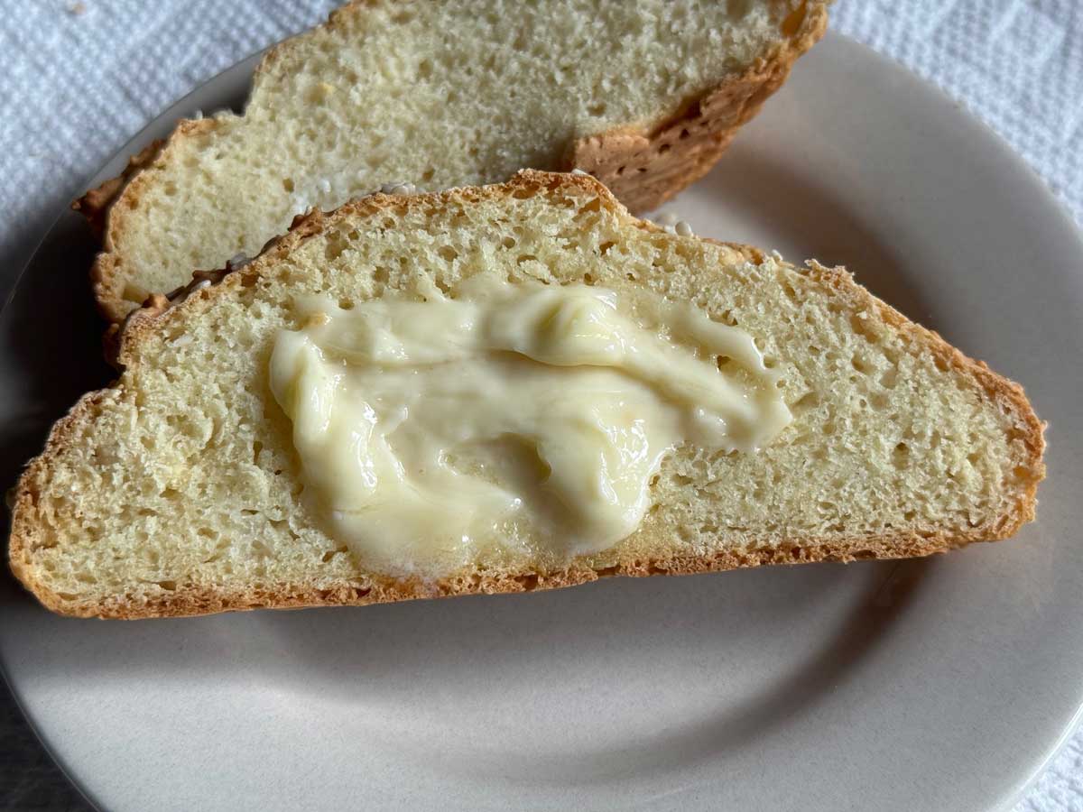 Simple No-Yeast Bread recipe that calls for sour cream and buttermilk. Perfect for serving with compound butter.