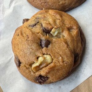 Chocolate Chip Cookies made with a scoopable cookie dough containing shortening and tub style margarine.