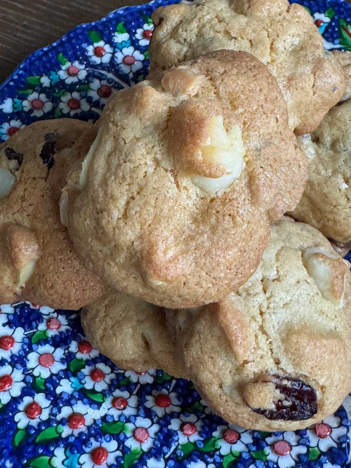 Simple Rice Flour Cookies with macadamia nuts and dried cranberries.