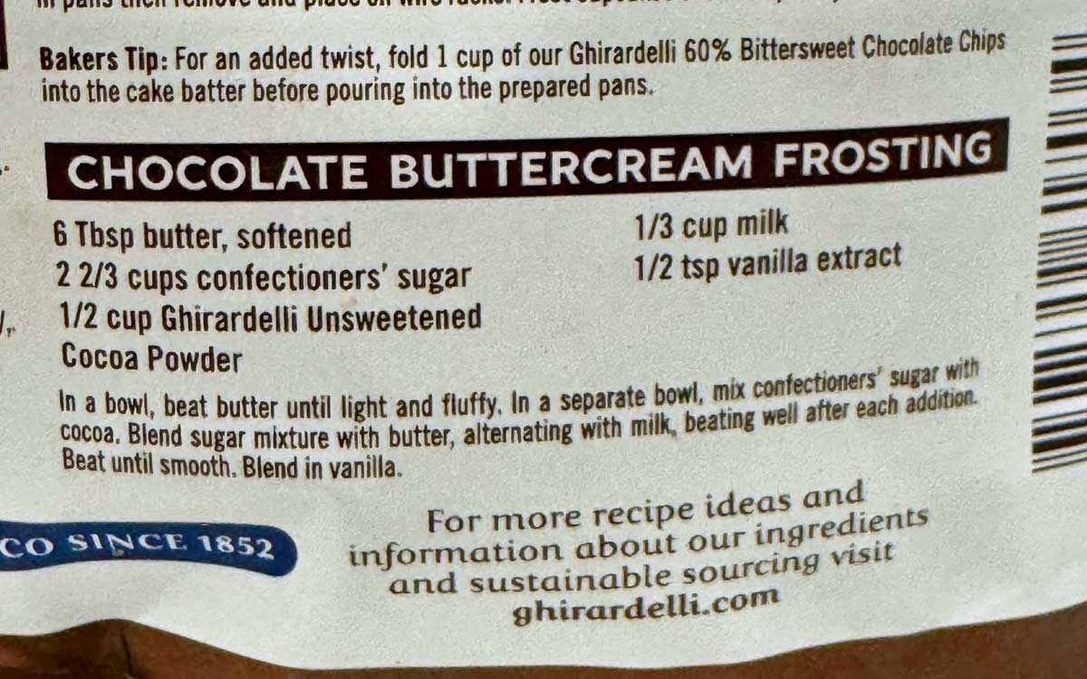 Ghirardelli cocoa bag chocolate buttercream frosting bag photo.