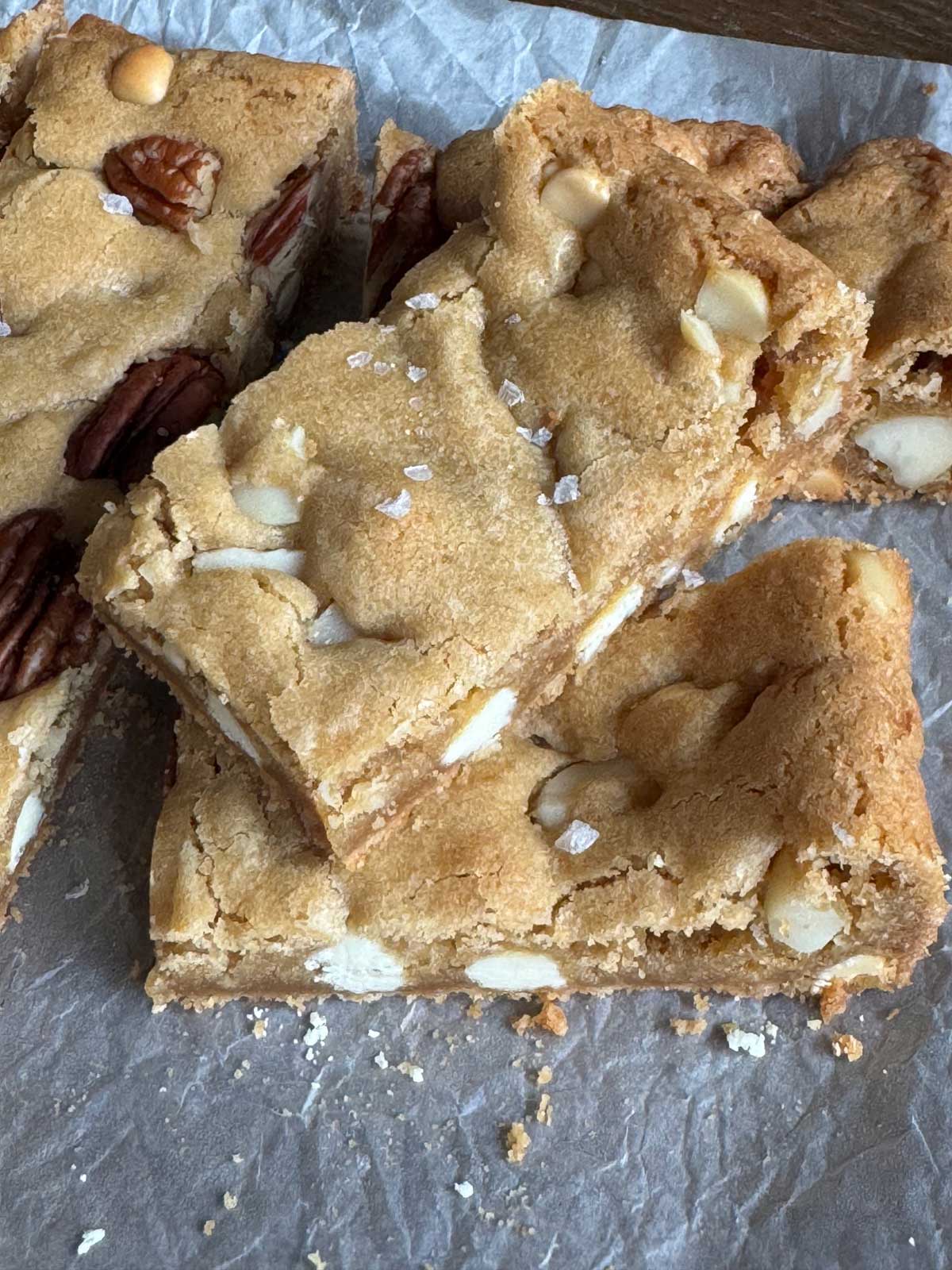 Browned Butter Blondies with White Chocolate Chips and Macadamia Nuts